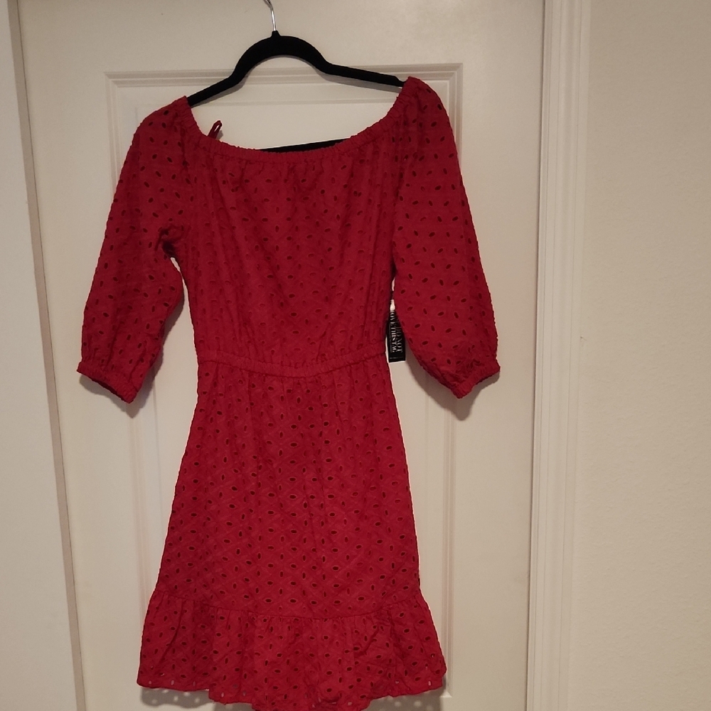 New York & Company Red Puff Sleeve Midi Dress
